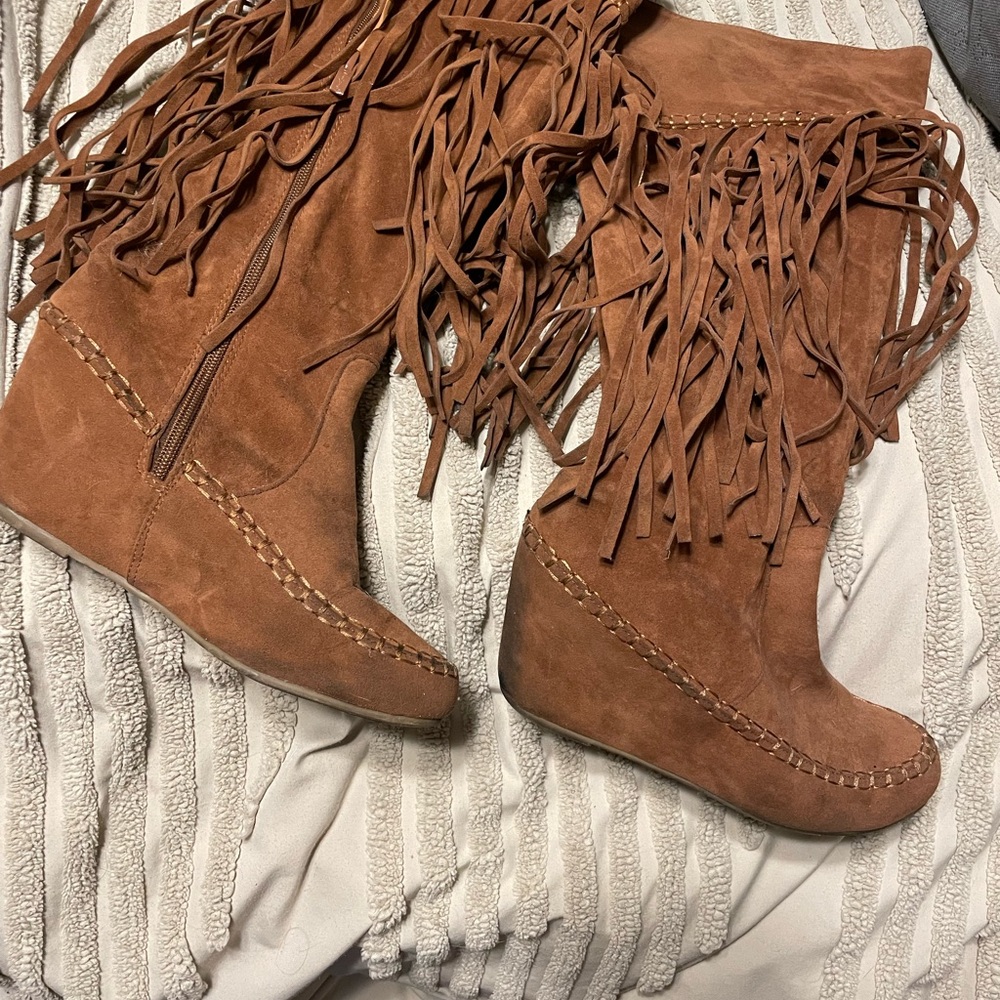 Fringe Suede Knee-High Boots - Brown